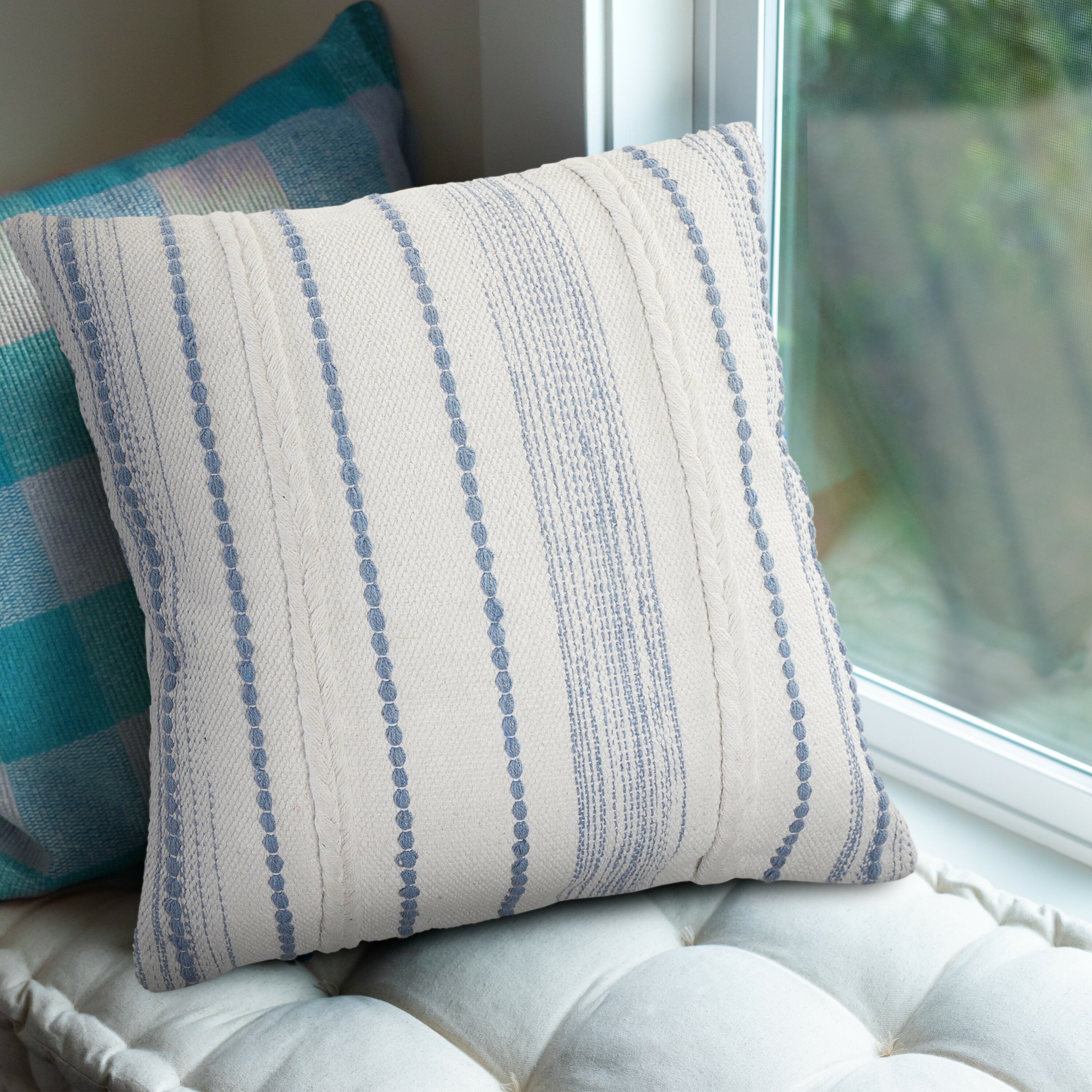 Blue shops and white striped throw pillow